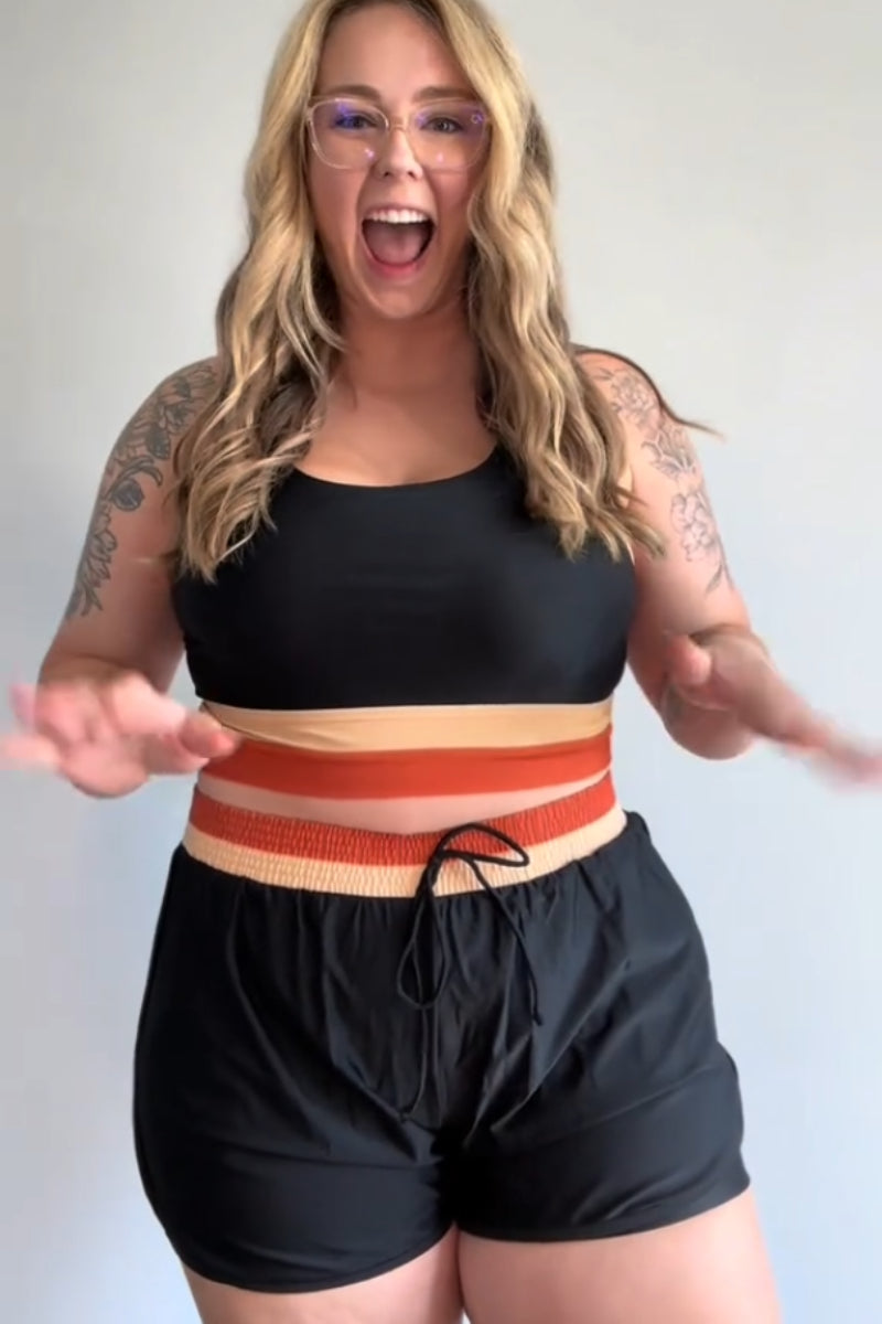 Black Colorblock Zipper Back Sporty Bikini Top with Boy Short Set