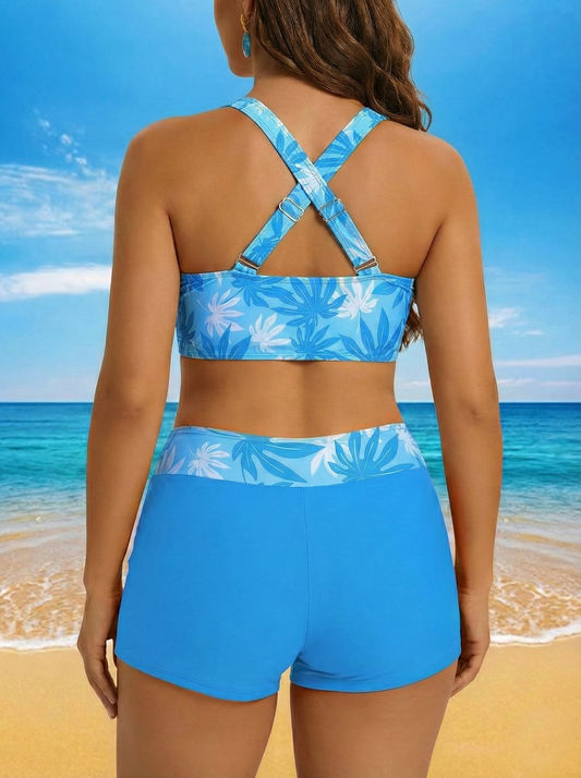 Floral Print Tie-Front Bikini for Women - Black V-Neck Bikini Top and High Waisted Boy Short Bottoms Blue