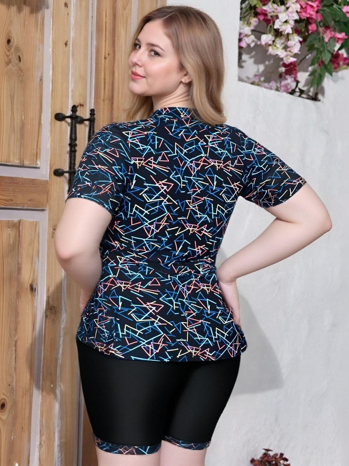 Plus Size Geometric Short Sleeve Tankini with Boyleg Shorts