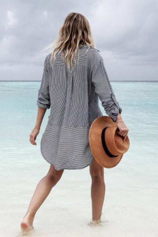 Striped V-Neck Beach Cover-Up Shirt – Long Sleeve UV Protection with Tie Detail
