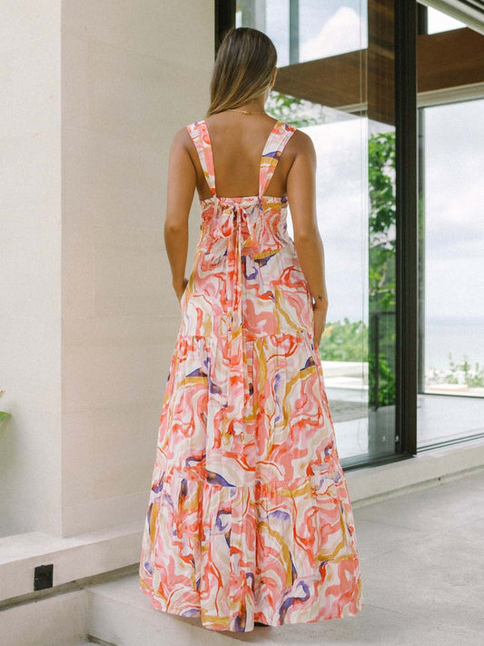 Pink Abstract Wide-Strap Maxi Dress – Vibrant Summer Vacation Style