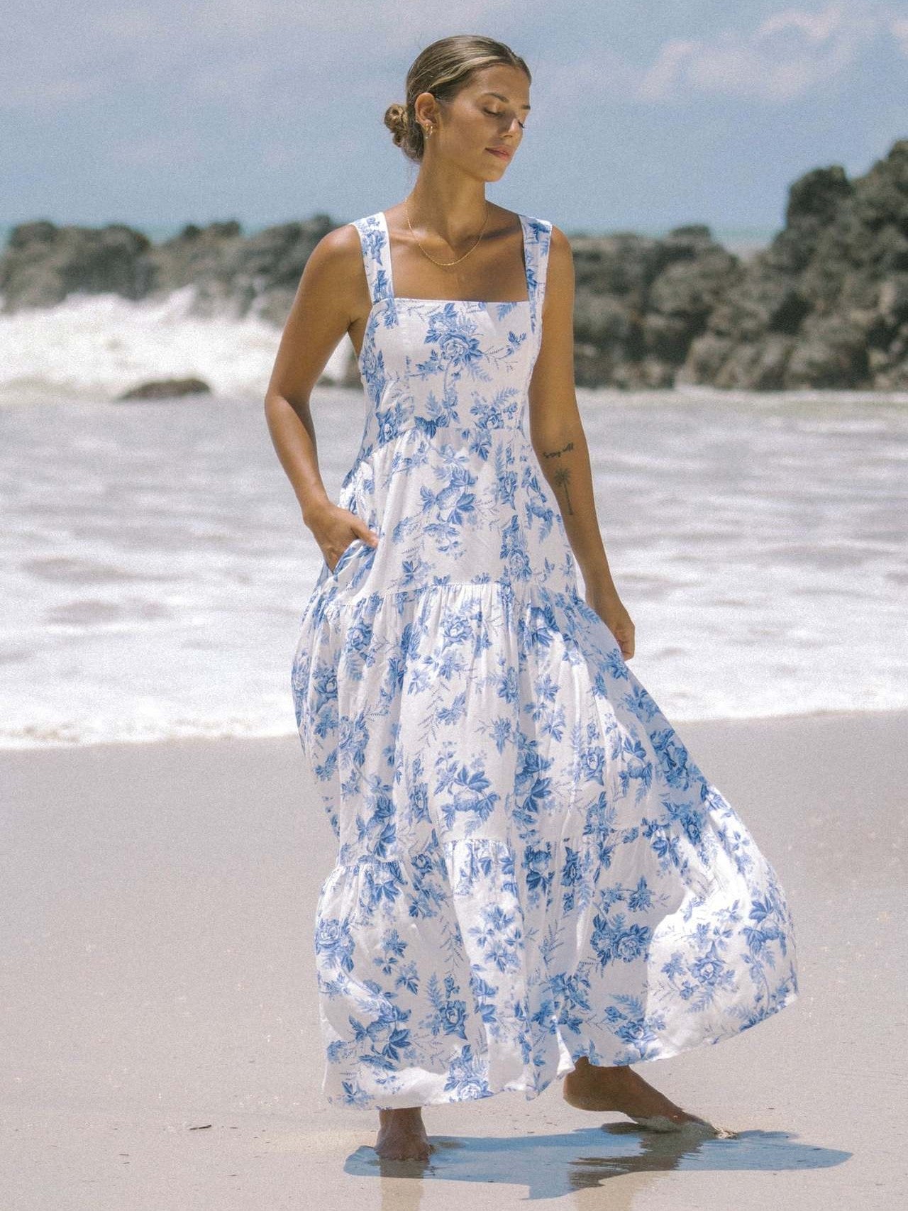 Blue White Floral Wide-Strap Maxi Dress – Summer Resort Style