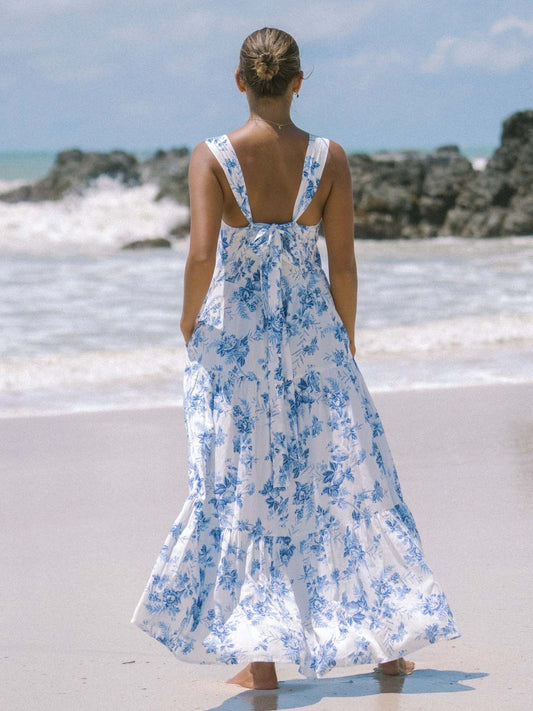 Blue White Floral Wide-Strap Maxi Dress – Summer Resort Style