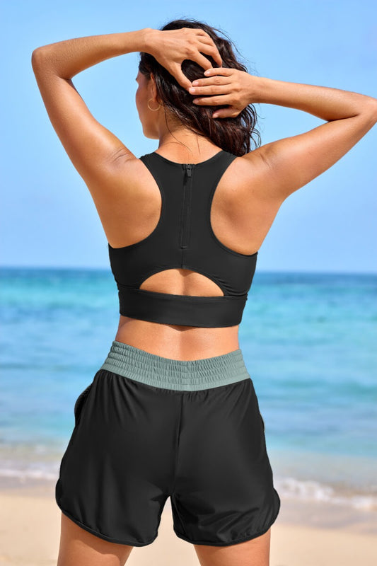 Black Colorblock Sporty Athletic Short with Pockets