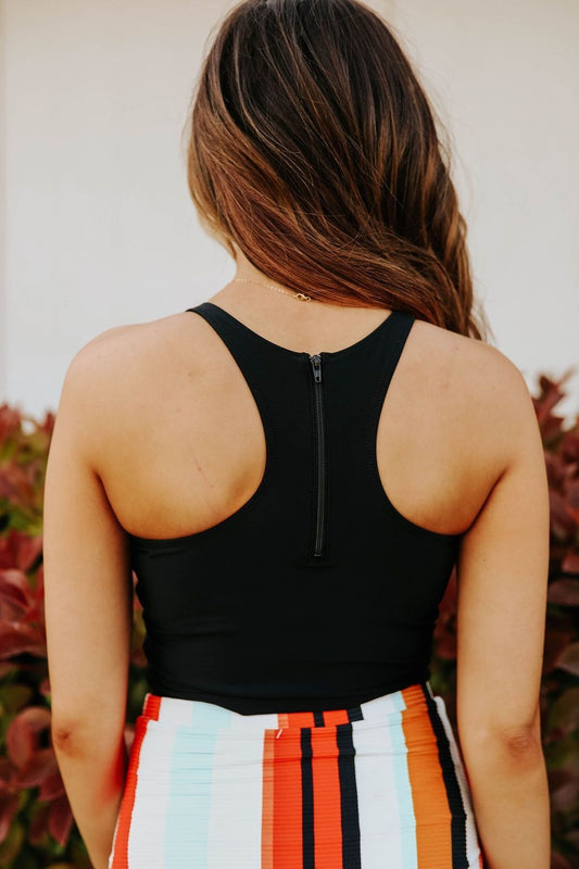 High Waist High Neck Racerback Zipper Tankini Set