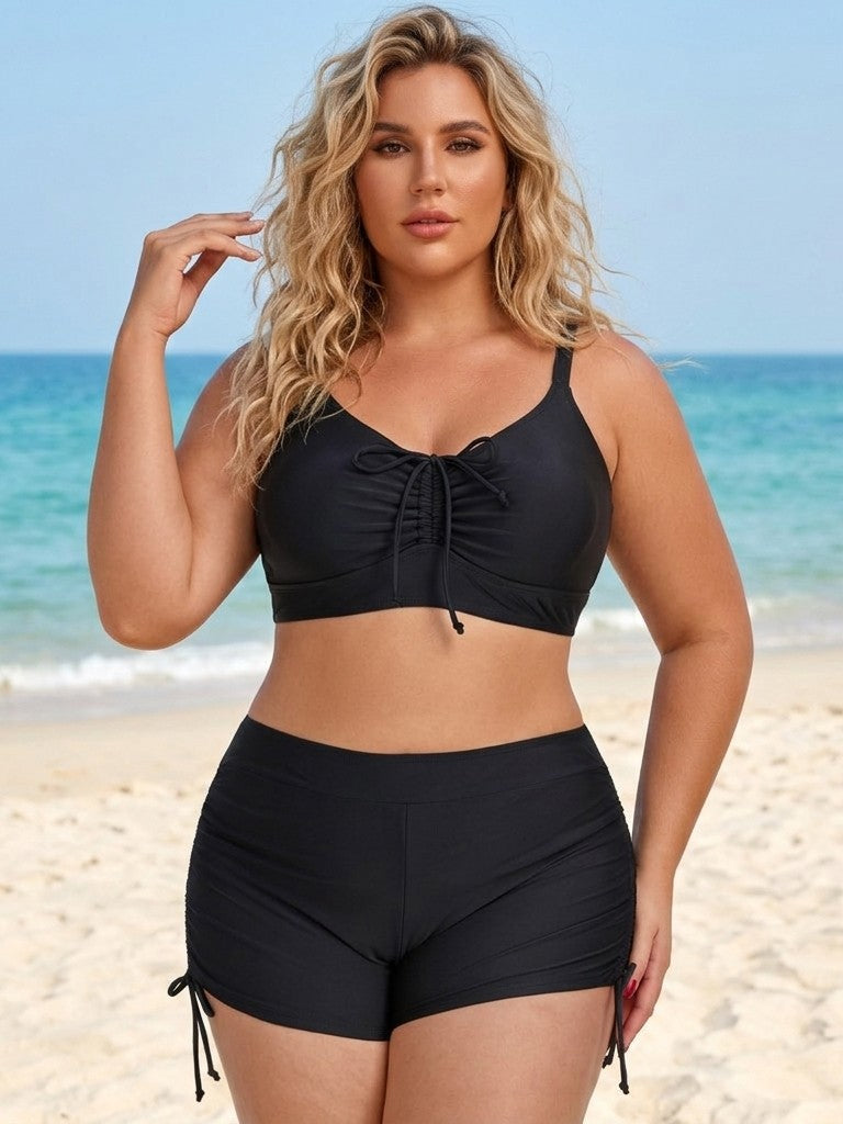 Plus Size Friendly Two-Piece Swimsuit, Ruched Bikini Top and Boycut Shorts with Drawstring