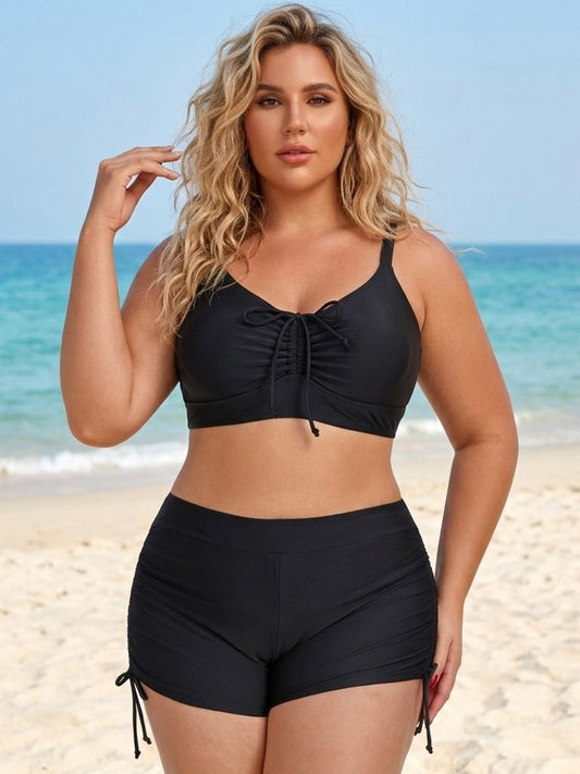 Plus Size Friendly Two-Piece Swimsuit, Ruched Bikini Top and Boycut Shorts with Drawstring
