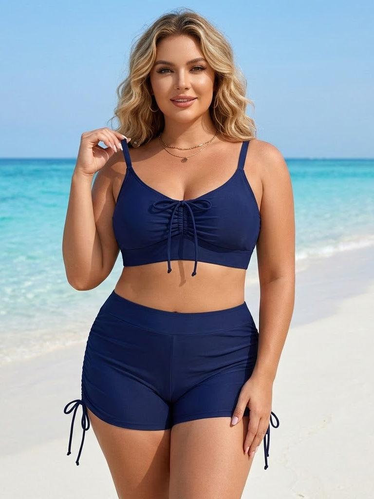 Plus Size Friendly Two-Piece Swimsuit, Ruched Bikini Top and Boycut Shorts with Drawstring