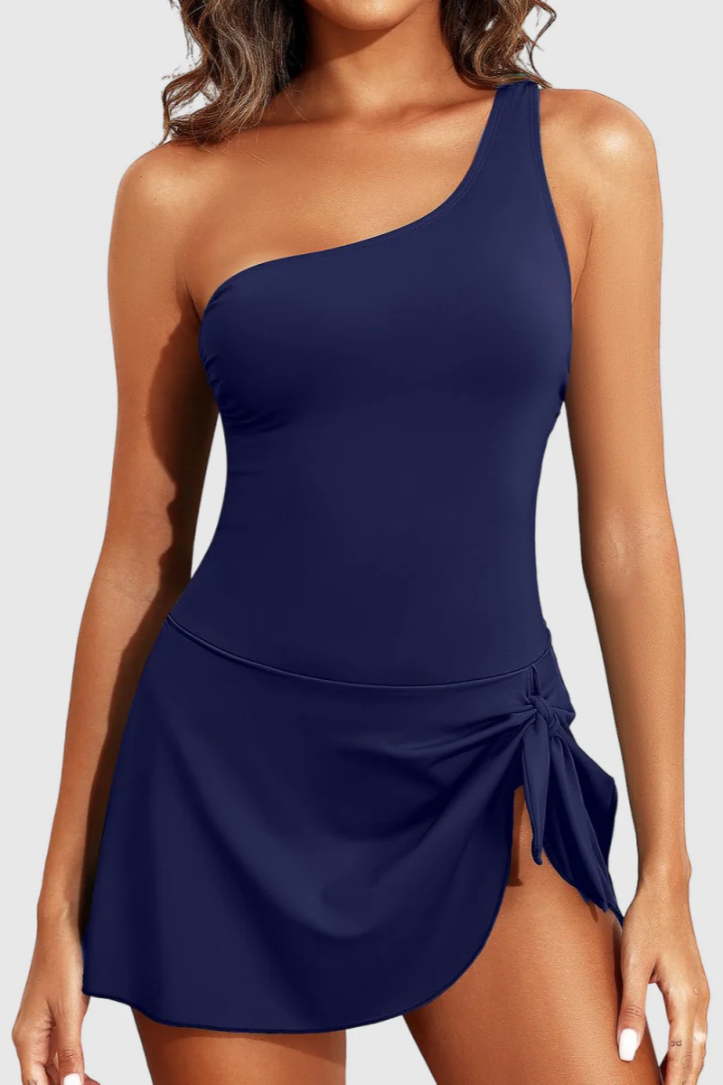 One-Shoulder Swimsuit for Women - Slim Fit Monokini with Skirted Design Navy Blue