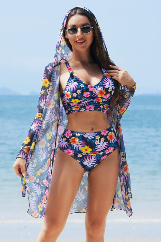 Fashionable High-End Multi-Color Printed Sexy Bikini with Cover-Up Three-Piece Swimsuit Set