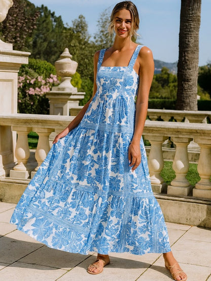 Mediterranean Blue Floral Square Neck Tiered Summer Dress