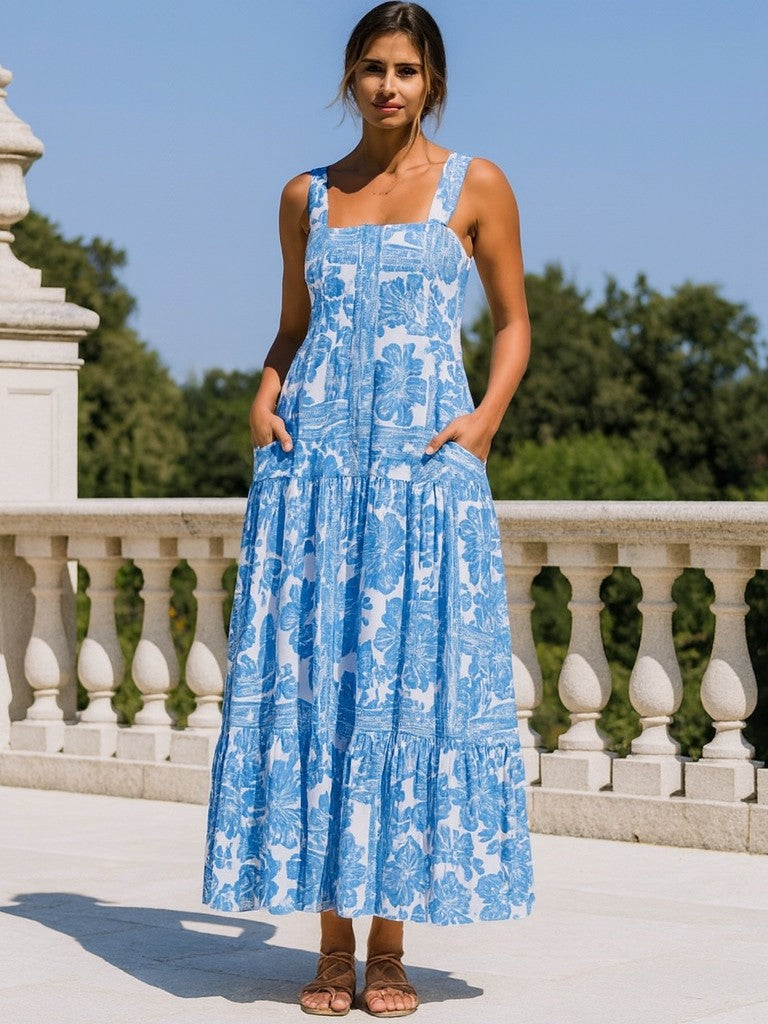 Mediterranean Blue Floral Square Neck Tiered Summer Dress