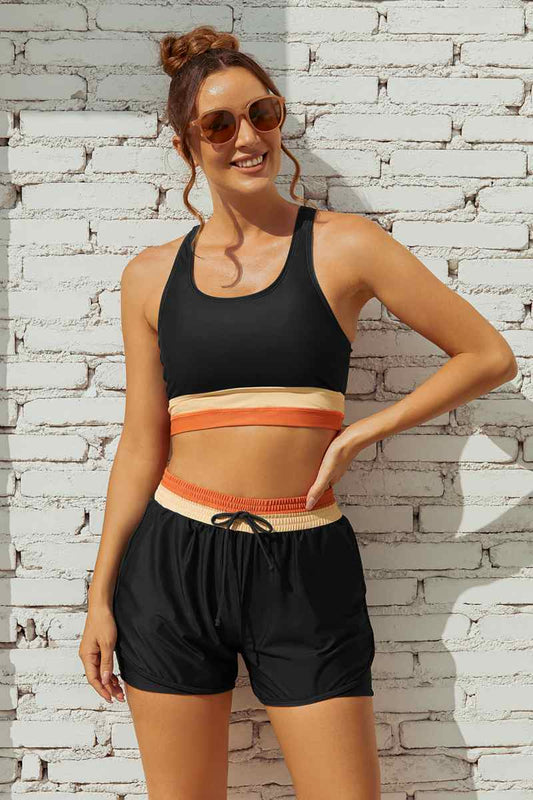 Black Colorblock Zipper Back Sporty Bikini Top with Boy Short Set