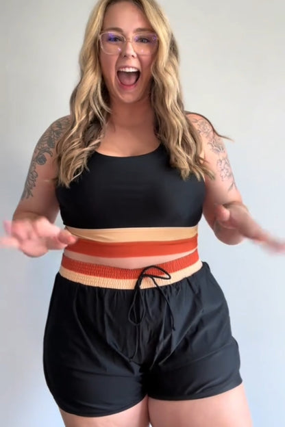 Black Colorblock Zipper Back Sporty Bikini Top with Boy Short Set