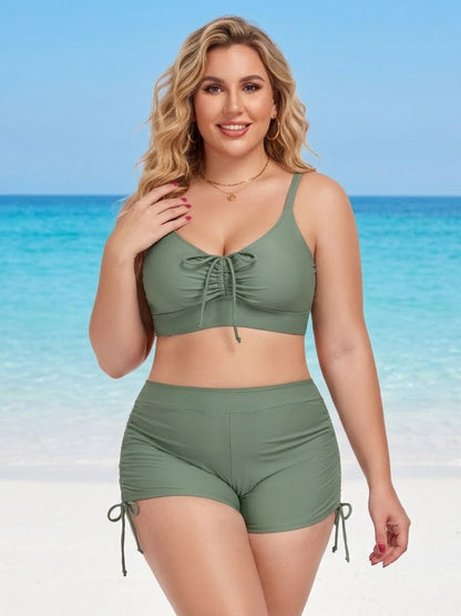 Plus Size Friendly Two-Piece Swimsuit, Ruched Bikini Top and Boycut Shorts with Drawstring