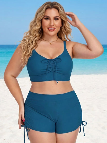 Plus Size Friendly Two-Piece Swimsuit, Ruched Bikini Top and Boycut Shorts with Drawstring