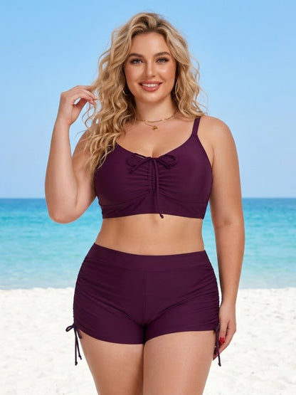 Plus Size Friendly Two-Piece Swimsuit, Ruched Bikini Top and Boycut Shorts with Drawstring