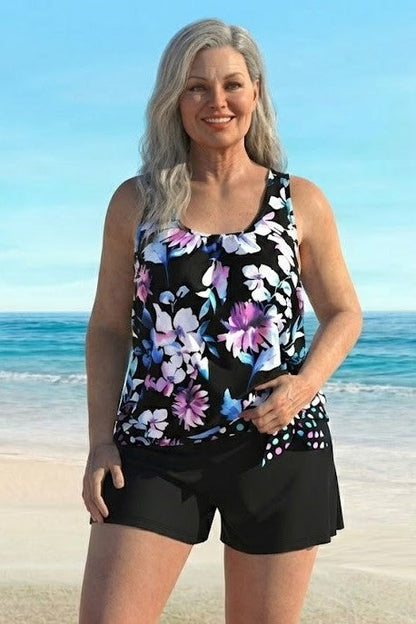 New Arrival Plus-Size Loose Spaghetti-Strap Tankini Swimsuit Set Purple Blue