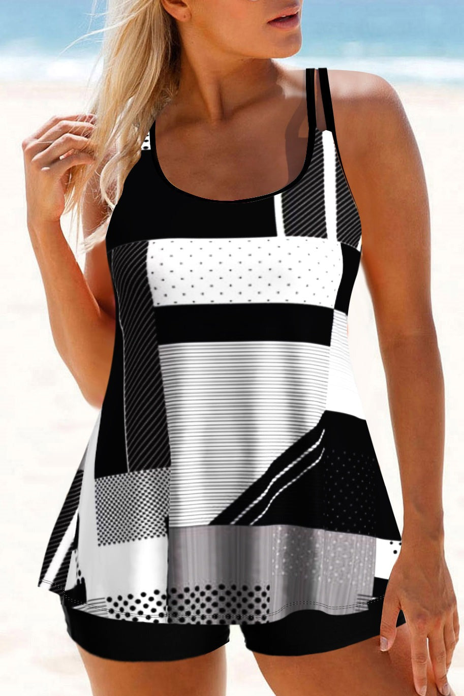 Geometric Print Black Double Straps Tankini Set