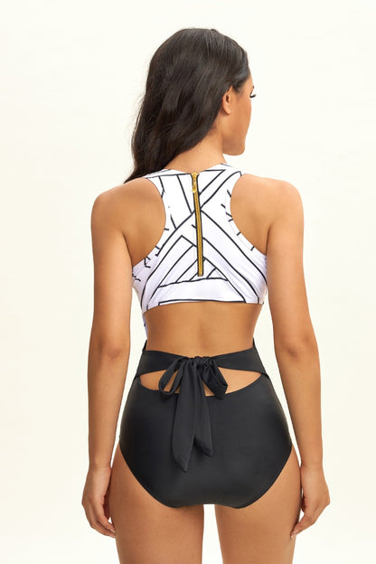 White Scoop Neck Striped Zipper Back One Piece Swimsuit