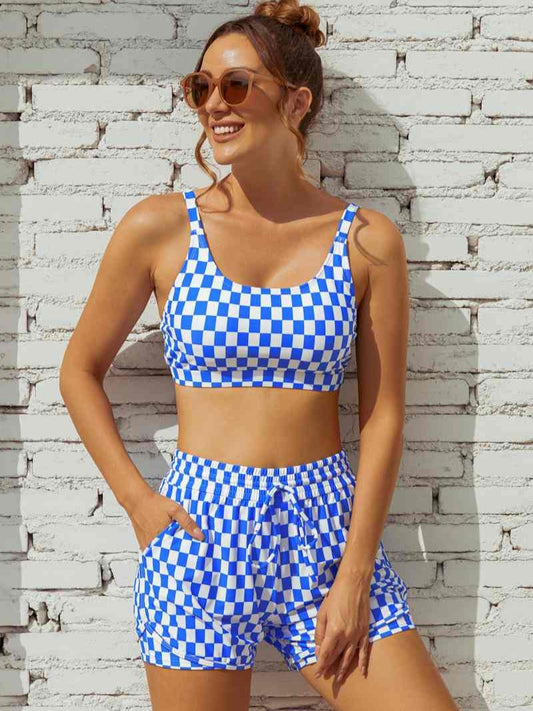 Blue Checked Adjustable Straps Chic Bikini Top with Boy Short Set