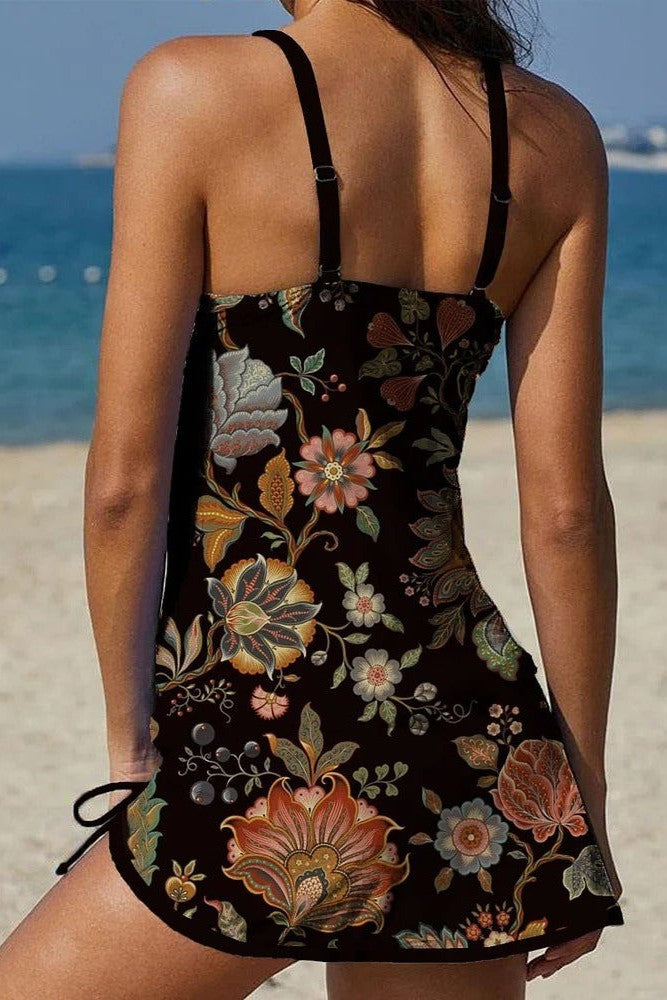Retro Colorful Flowers Print V-neck Tankini Pantskirt Set Swimsuit