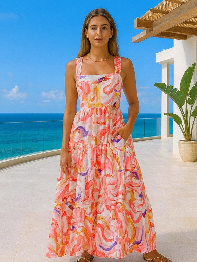 Pink Abstract Wide-Strap Maxi Dress – Vibrant Summer Vacation Style