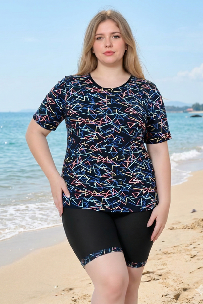 Women's Plus Size Short Sleeve Rash Guard Set - Modest Two-Piece Swimsuit with Boy-Leg Shorts