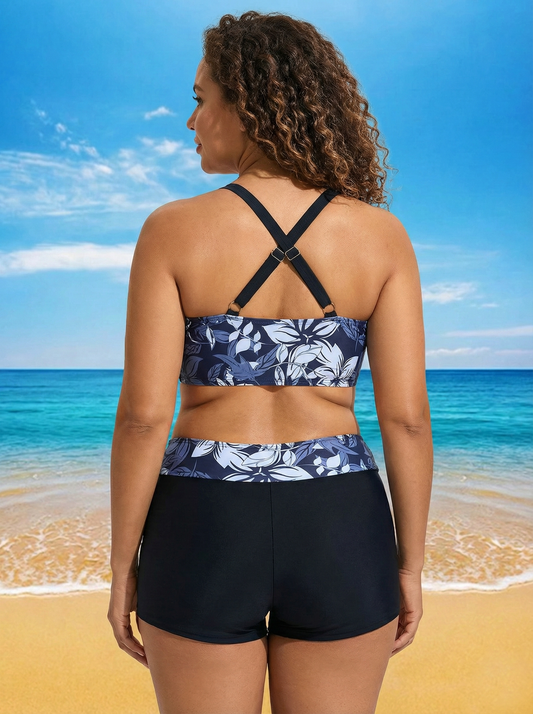 Floral Print Tie-Front Bikini for Women - Black V-Neck Bikini Top and High Waisted Boy Short Bottoms Black