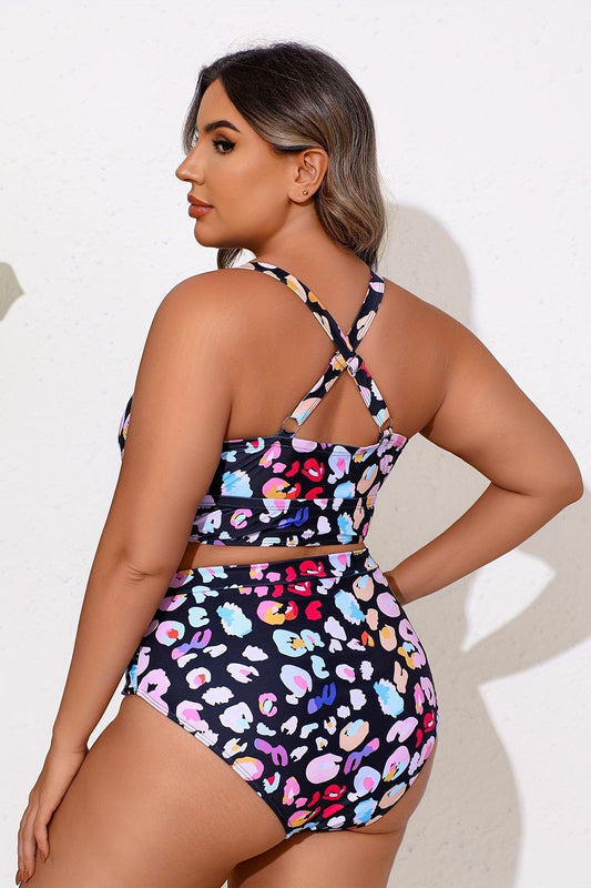 Plus Size Vibrant Abstract Print High-Waist Bikini