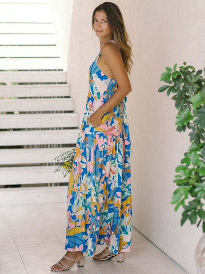 Vibrant Floral Print Square Neck Tiered Maxi Dress for Women