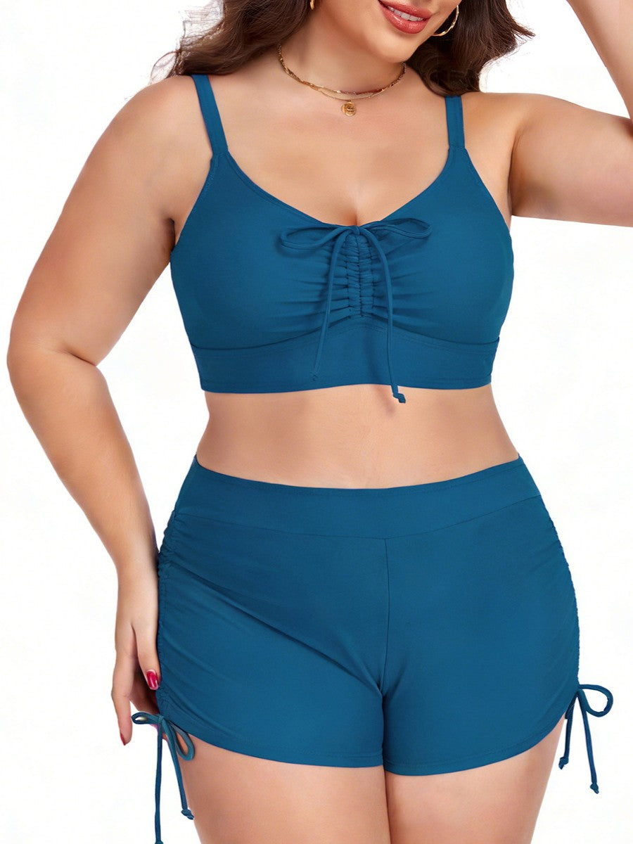 Plus Size Friendly Two-Piece Swimsuit, Ruched Bikini Top and Boycut Shorts with Drawstring