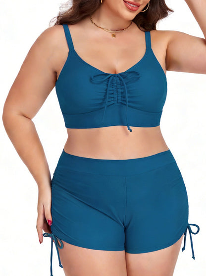 Plus Size Friendly Two-Piece Swimsuit, Ruched Bikini Top and Boycut Shorts with Drawstring