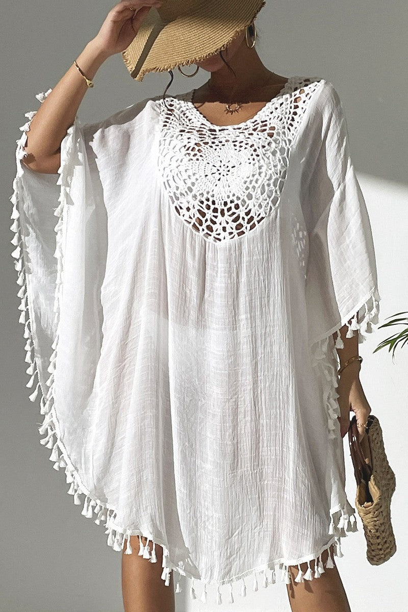 Bestselling New Beach Cover-Up - Crochet Lace Trimmed Fringe Kimono White