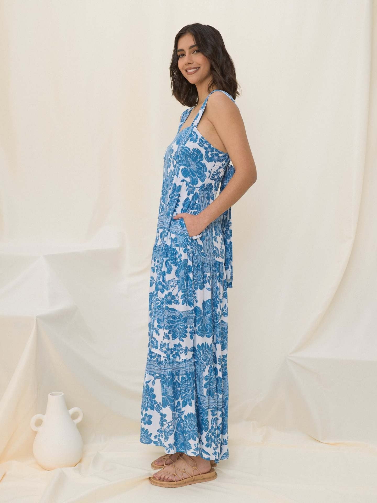 Mediterranean Blue Floral Square Neck Tiered Summer Dress