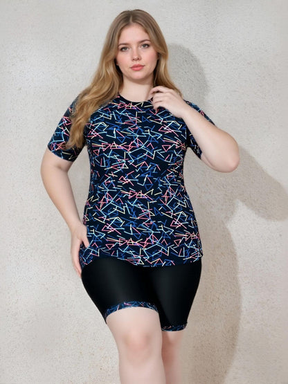 Women's Plus Size Short Sleeve Rash Guard Set - Modest Two-Piece Swimsuit with Boy-Leg Shorts