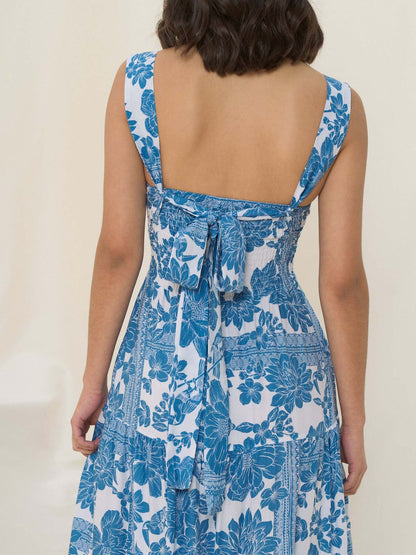 Mediterranean Blue Floral Square Neck Tiered Summer Dress