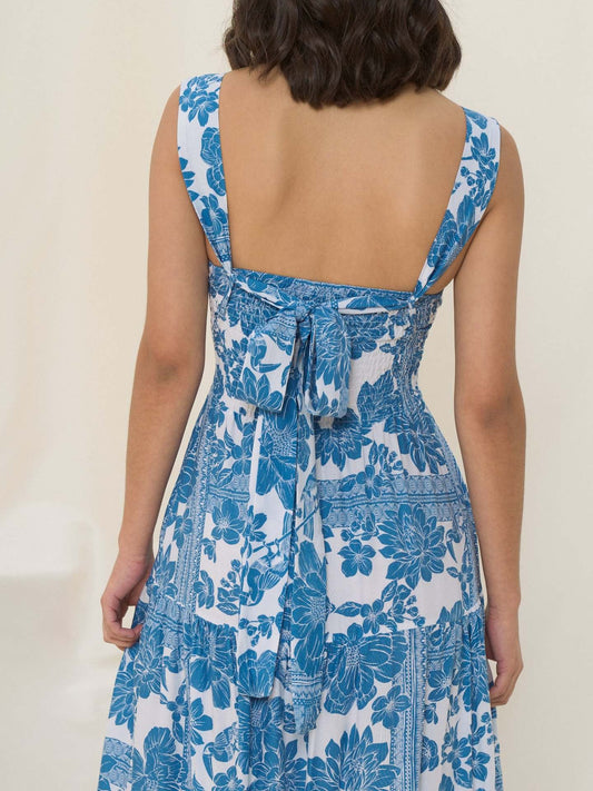 Mediterranean Blue Floral Square Neck Tiered Summer Dress