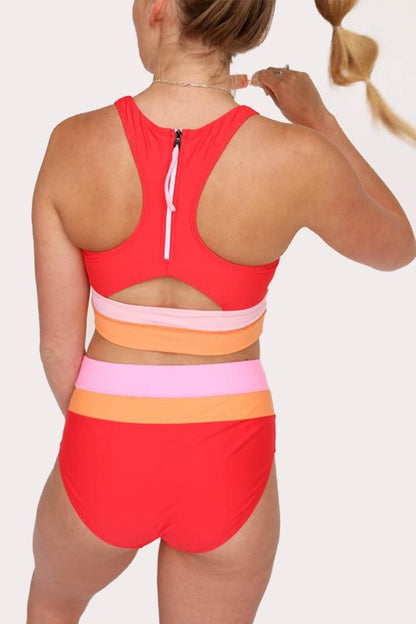 Women's Red High-Waisted Bikini Set - Striped Color Block Sporty Swimsuit
