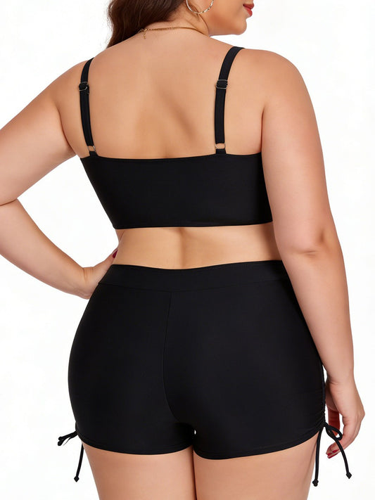 Plus Size Friendly Two-Piece Swimsuit, Ruched Bikini Top and Boycut Shorts with Drawstring