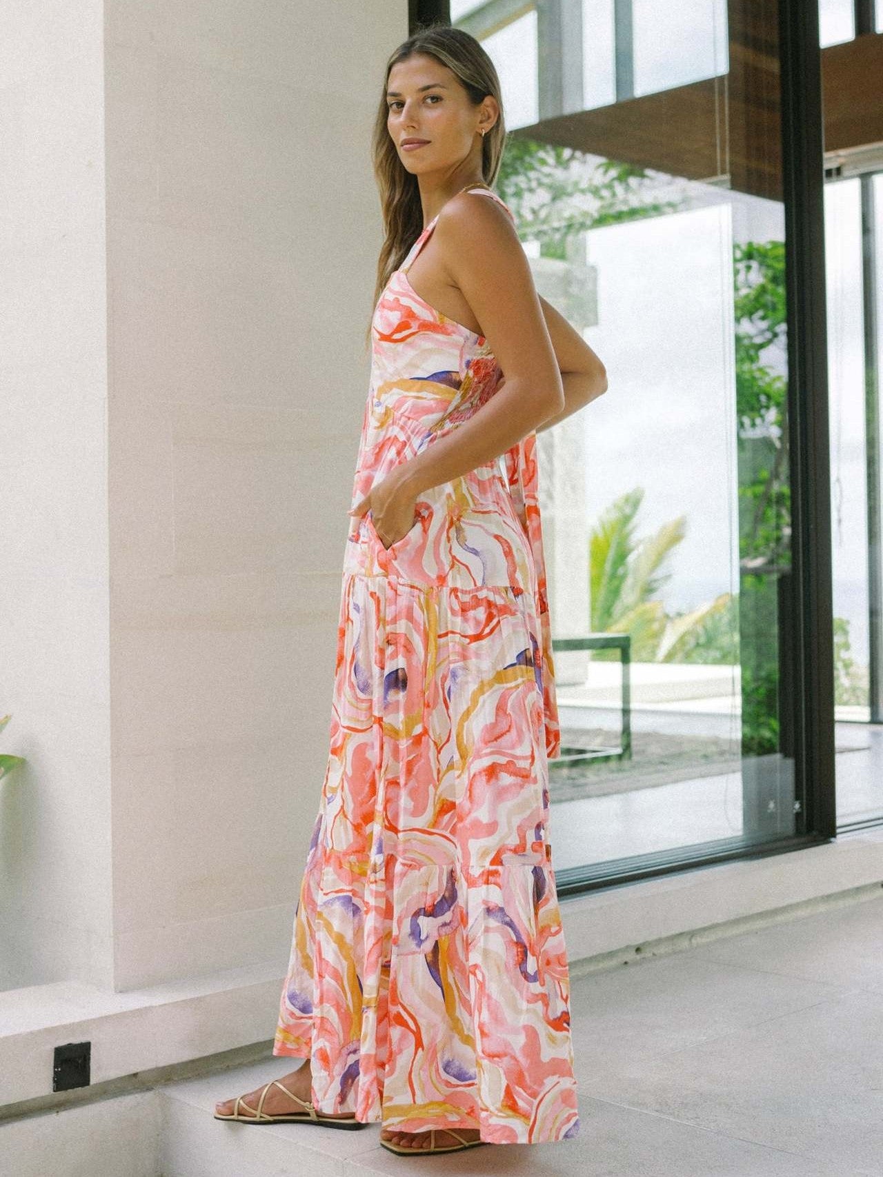 Pink Abstract Wide-Strap Maxi Dress – Vibrant Summer Vacation Style