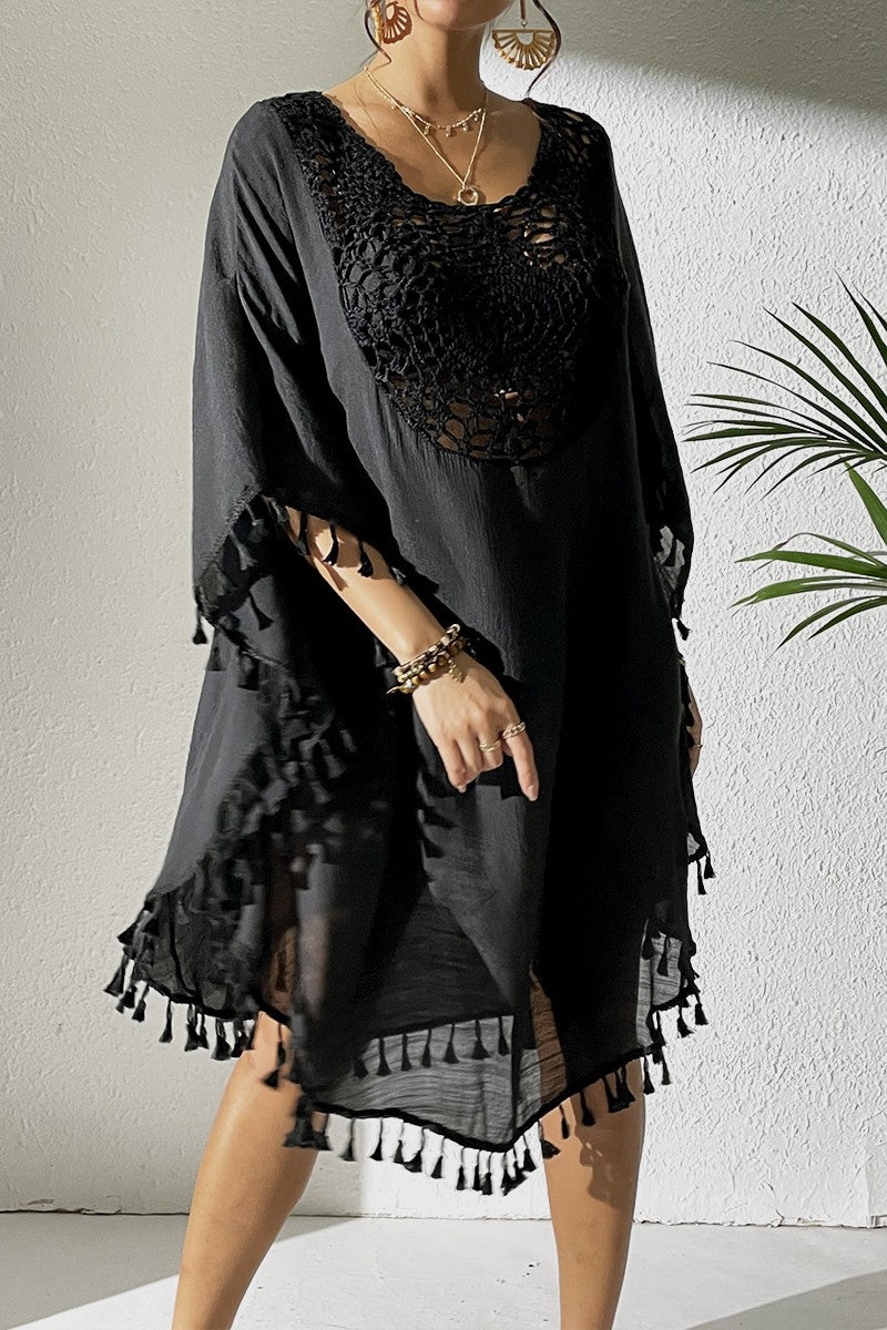 Bestselling New Beach Cover-Up - Crochet Lace Trimmed Fringe Kimono Black