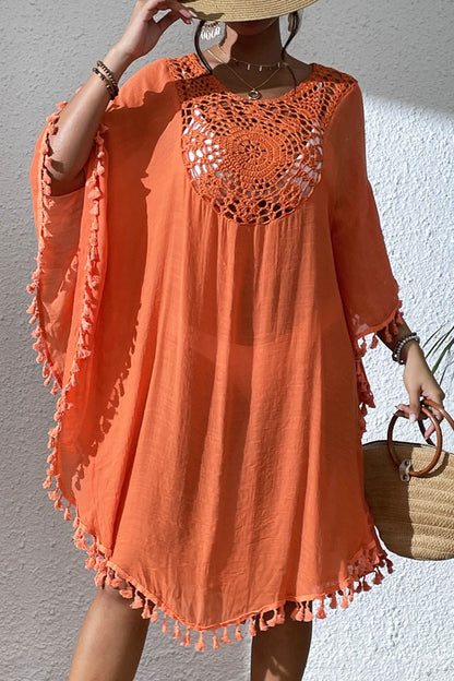 Bestselling New Beach Cover-Up - Crochet Lace Trimmed Fringe Kimono Orange