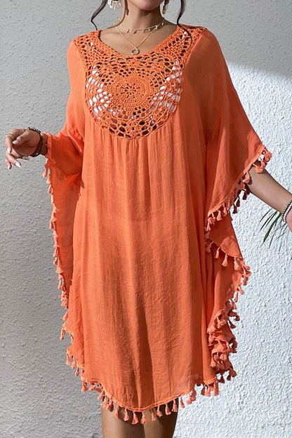 Bestselling New Beach Cover-Up - Crochet Lace Trimmed Fringe Kimono Orange