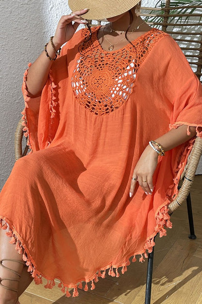 Bestselling New Beach Cover-Up - Crochet Lace Trimmed Fringe Kimono Orange