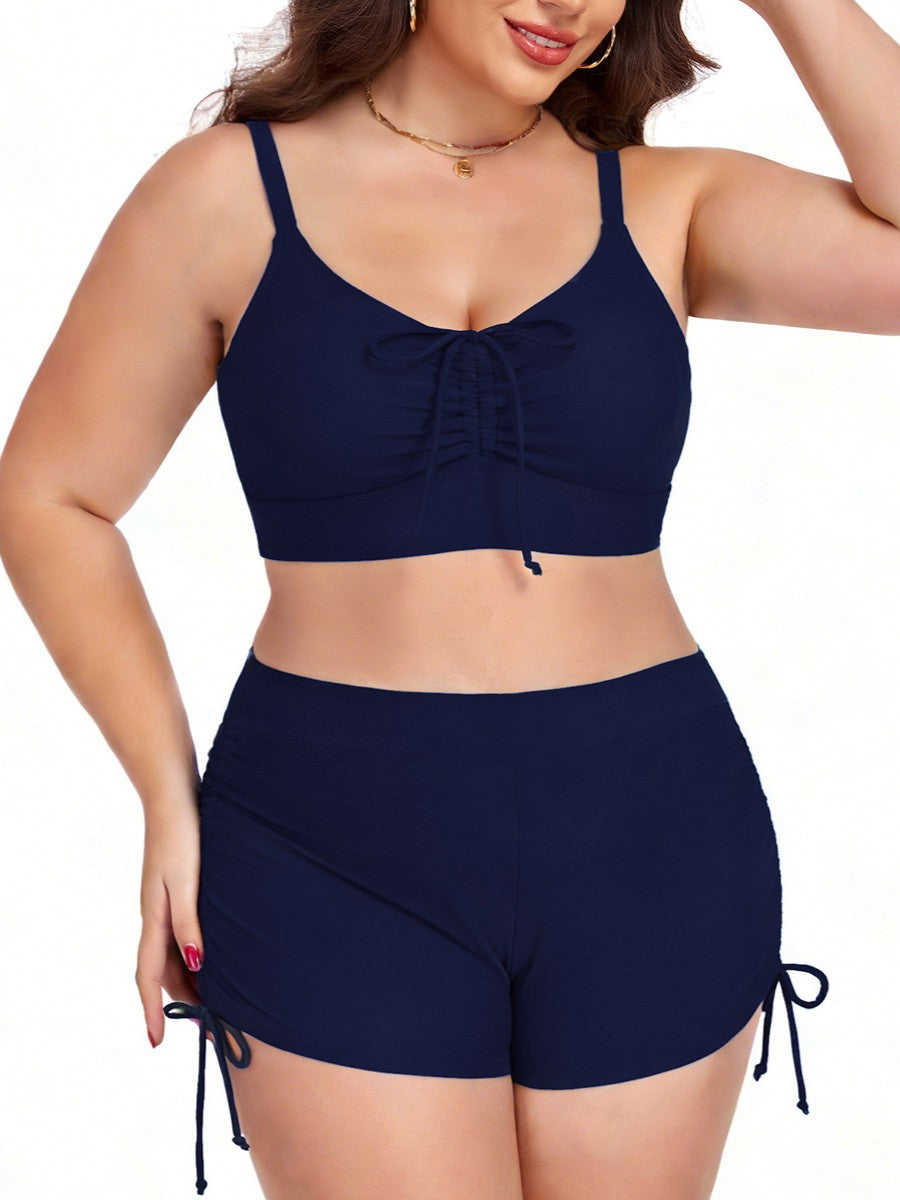 Plus Size Friendly Two-Piece Swimsuit, Ruched Bikini Top and Boycut Shorts with Drawstring