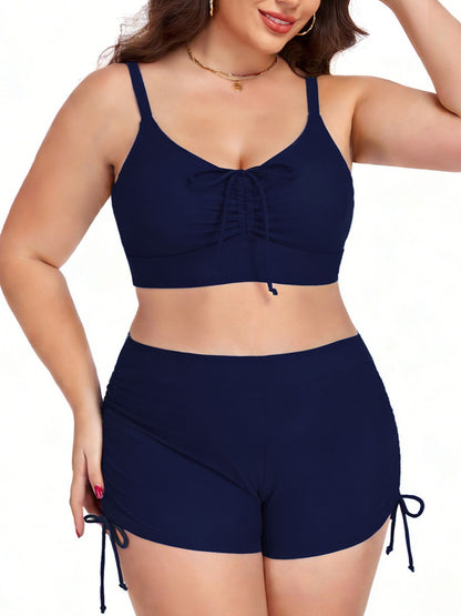 Plus Size Friendly Two-Piece Swimsuit, Ruched Bikini Top and Boycut Shorts with Drawstring