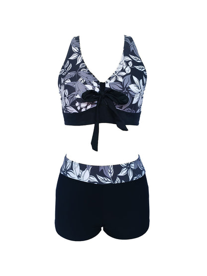 Floral Print Tie-Front Bikini for Women - Black V-Neck Bikini Top and High Waisted Boy Short Bottoms Black