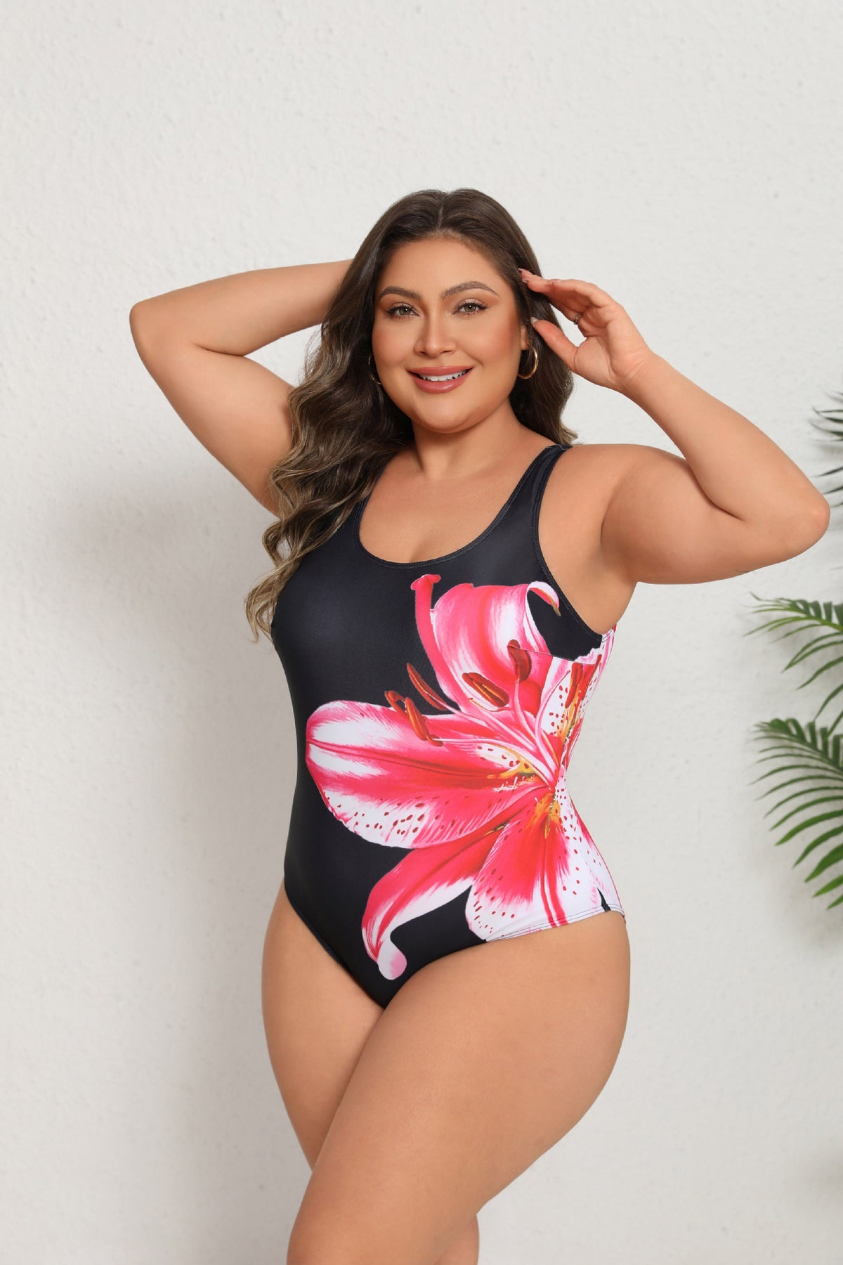 Plus Size Pink Lily Print One-Piece Swimsuit
