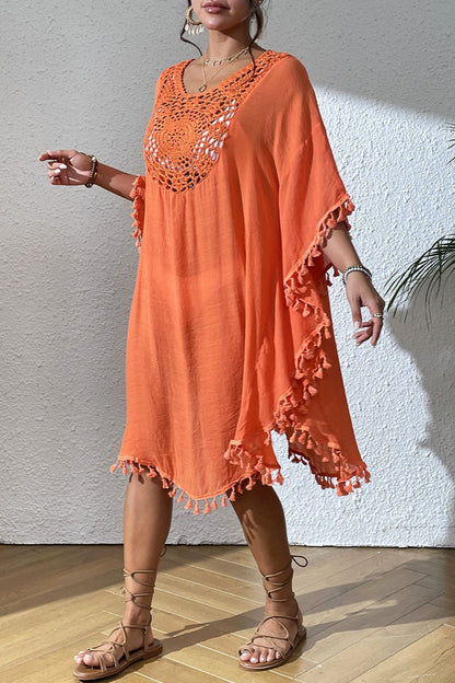 Bestselling New Beach Cover-Up - Crochet Lace Trimmed Fringe Kimono Orange